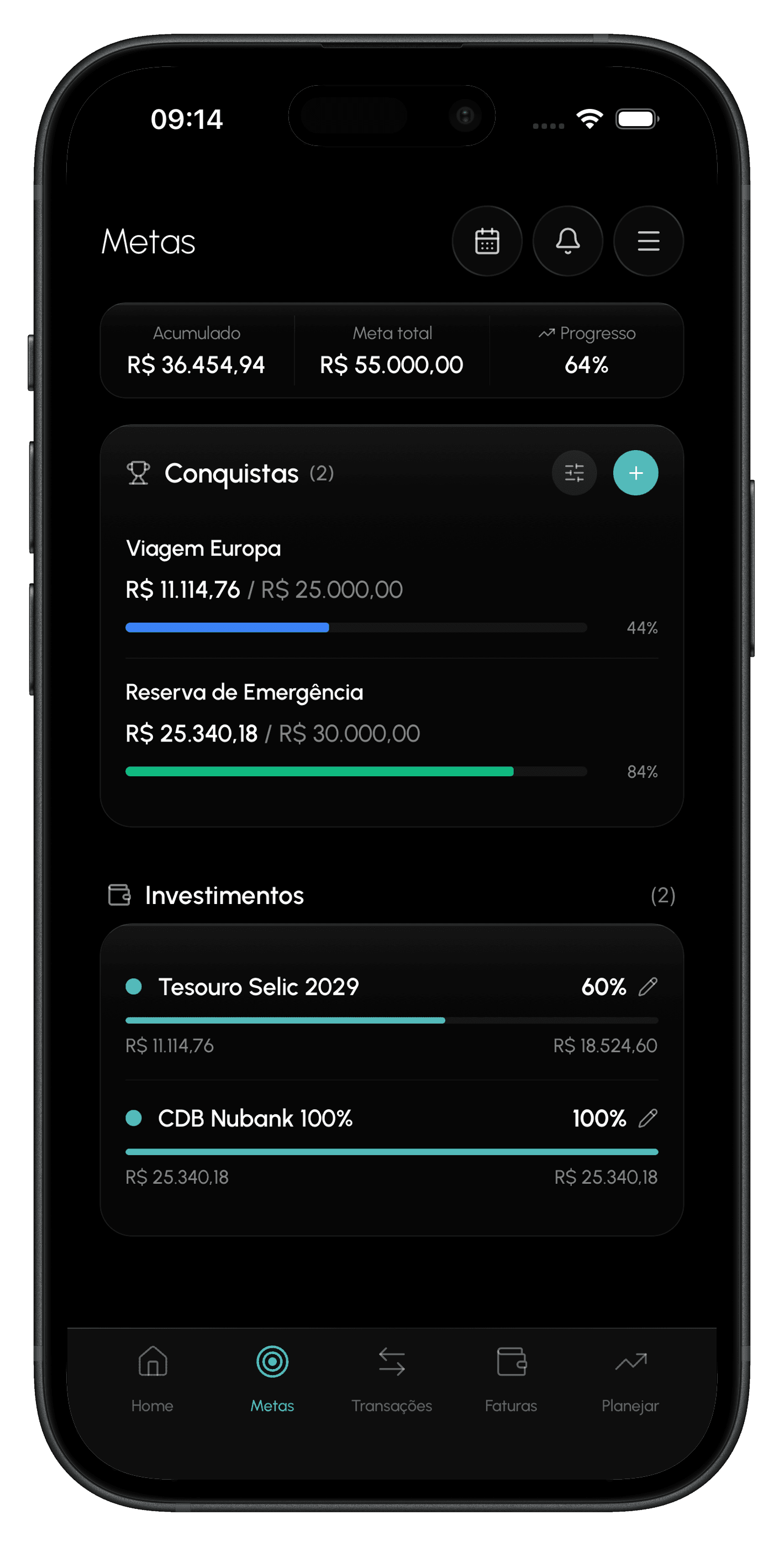 App Optio: tela de metas