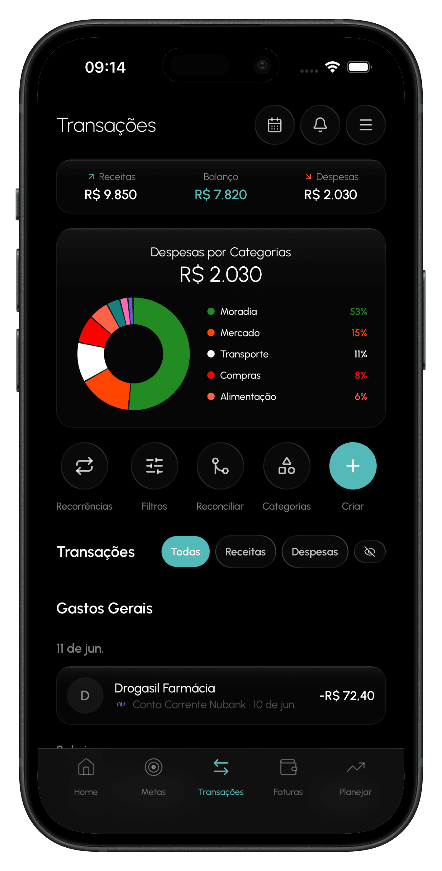 App Optio: tela de transações